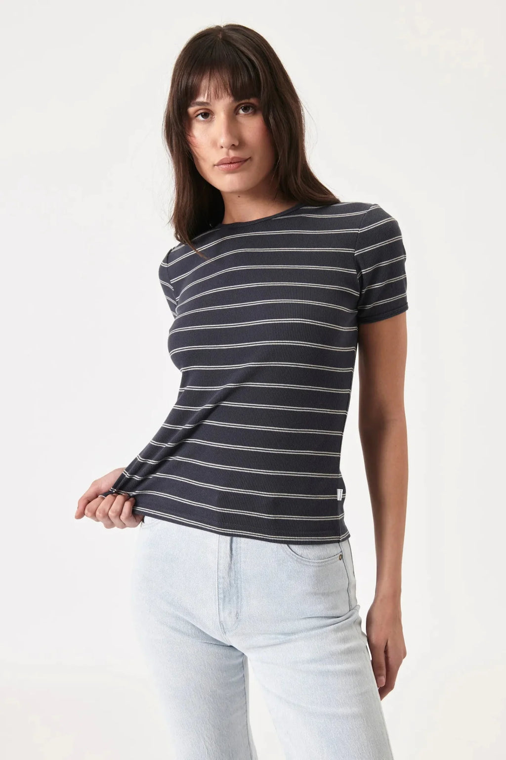 Alex Stripe Baby Rib Tee - Faded Black