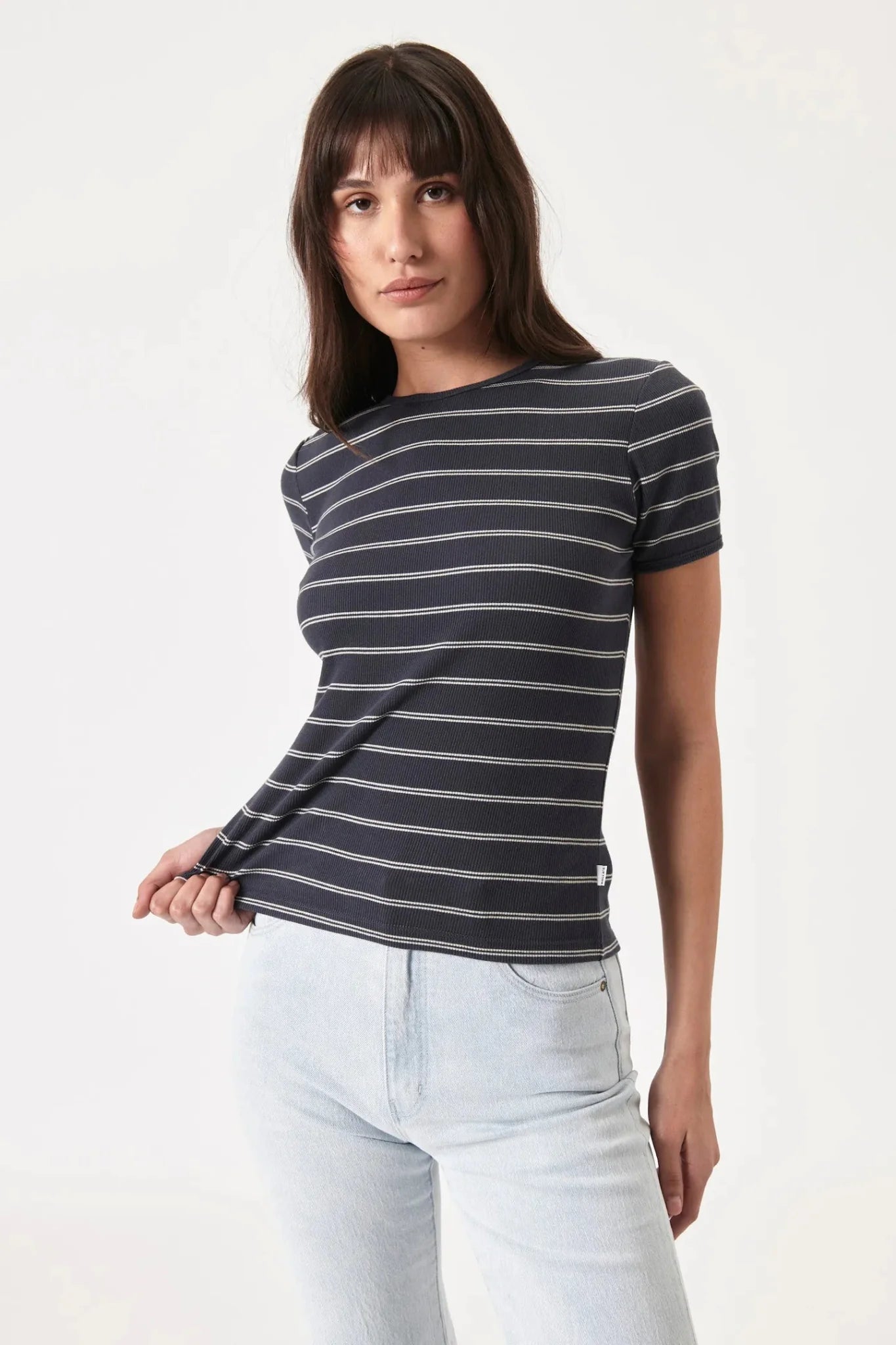 Alex Stripe Baby Rib Tee - Faded Black