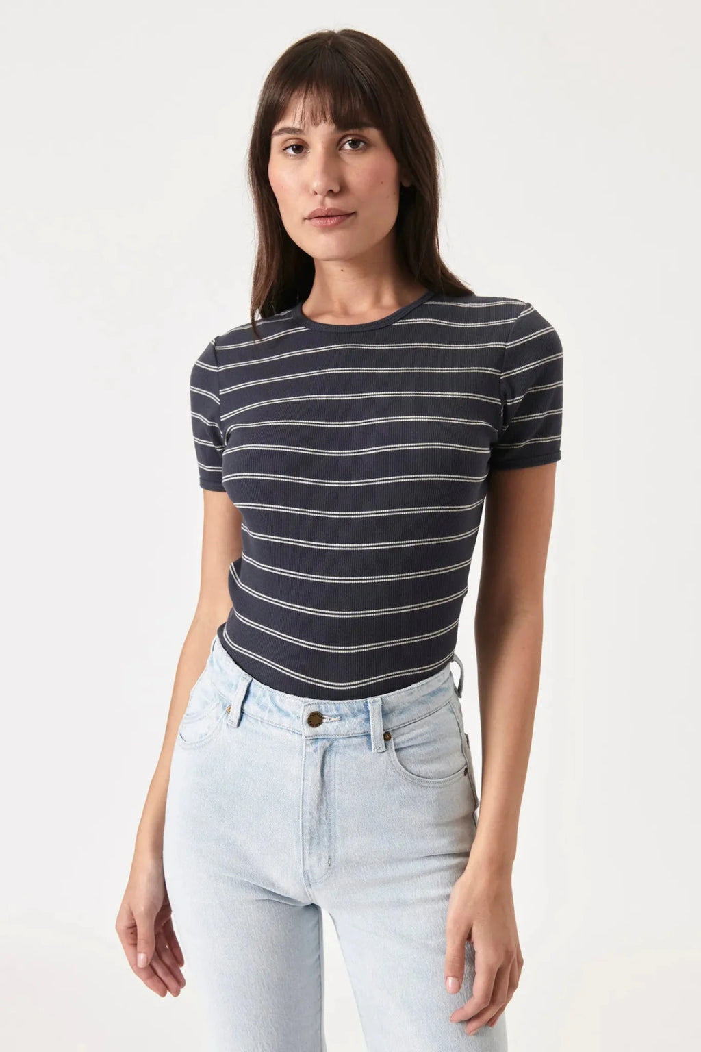 Alex Stripe Baby Rib Tee - Faded Black