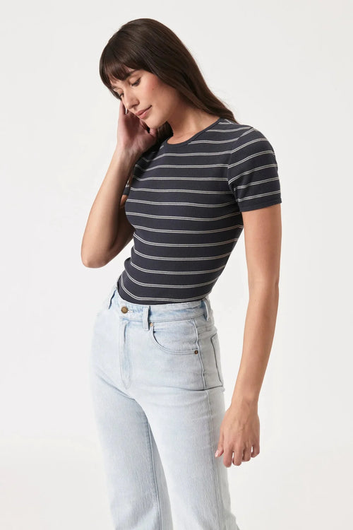 Alex Stripe Baby Rib Tee - Faded Black