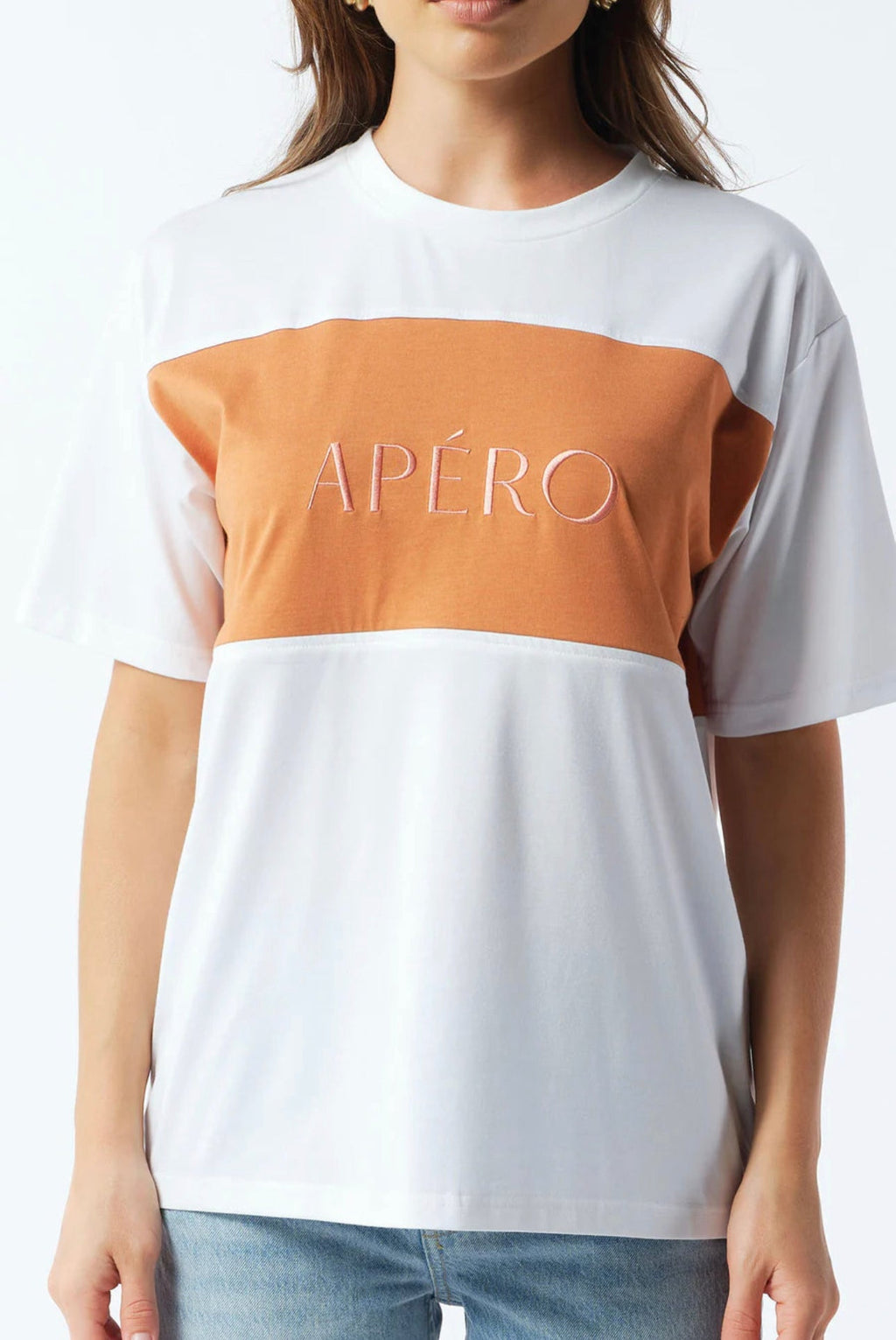 Dual Panel Embroidered Tee - White / Tan / Pink