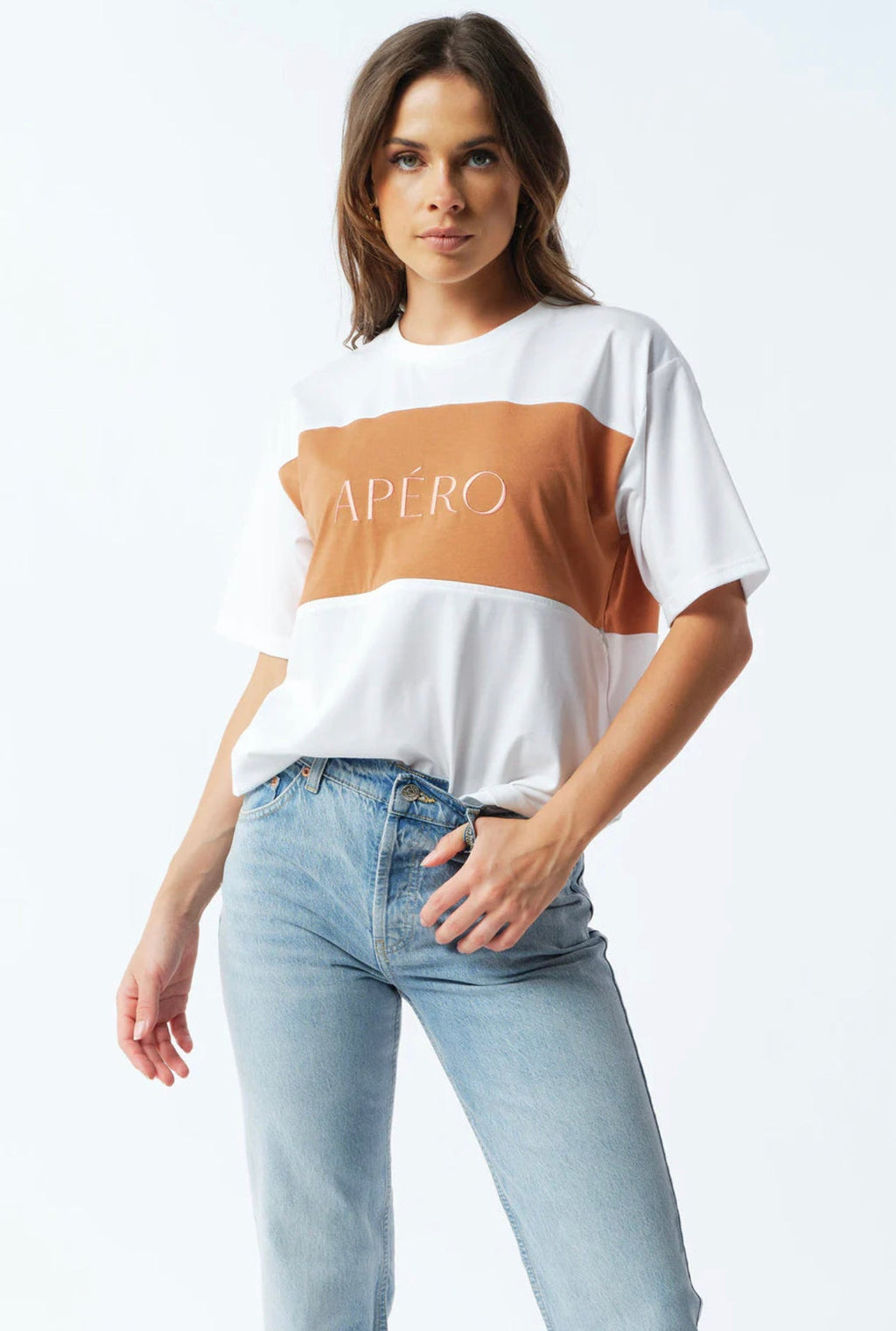 Dual Panel Embroidered Tee - White / Tan / Pink