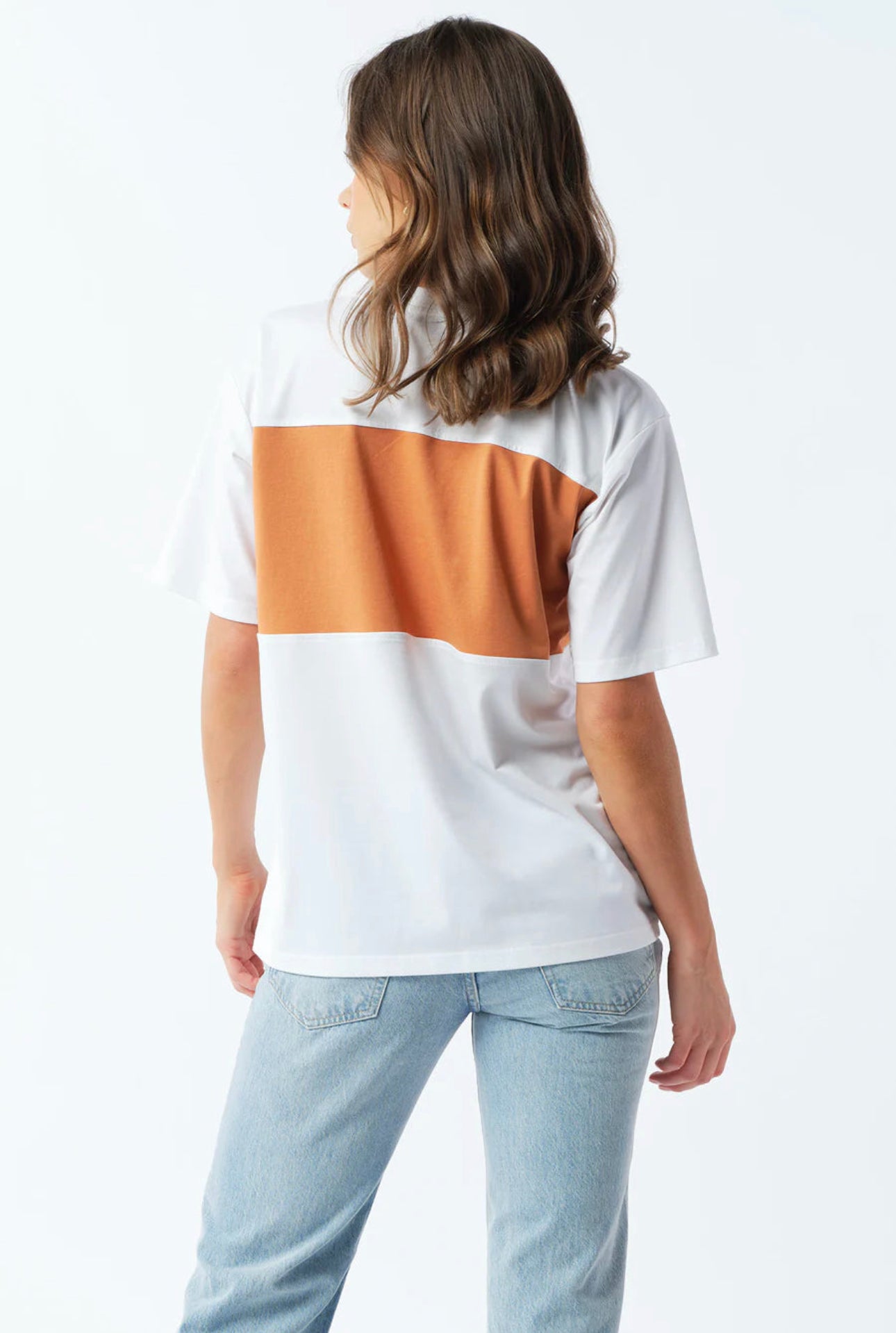 Dual Panel Embroidered Tee - White / Tan / Pink