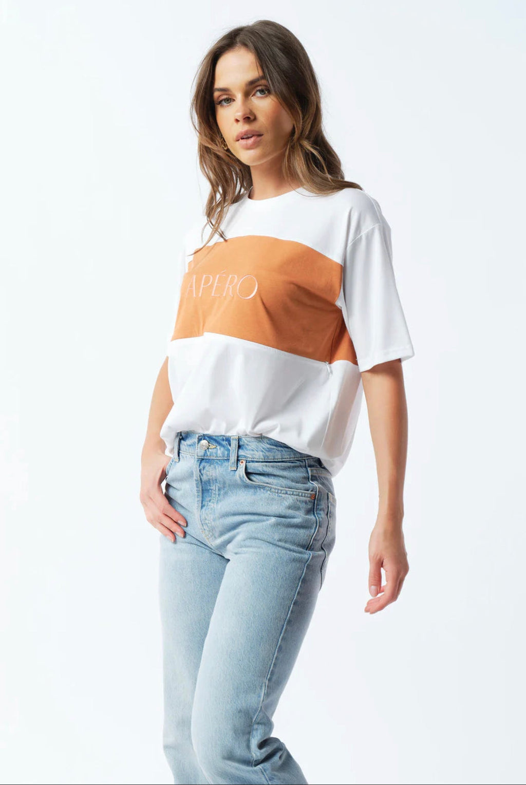 Dual Panel Embroidered Tee - White / Tan / Pink