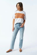 Dual Panel Embroidered Tee - White / Tan / Pink
