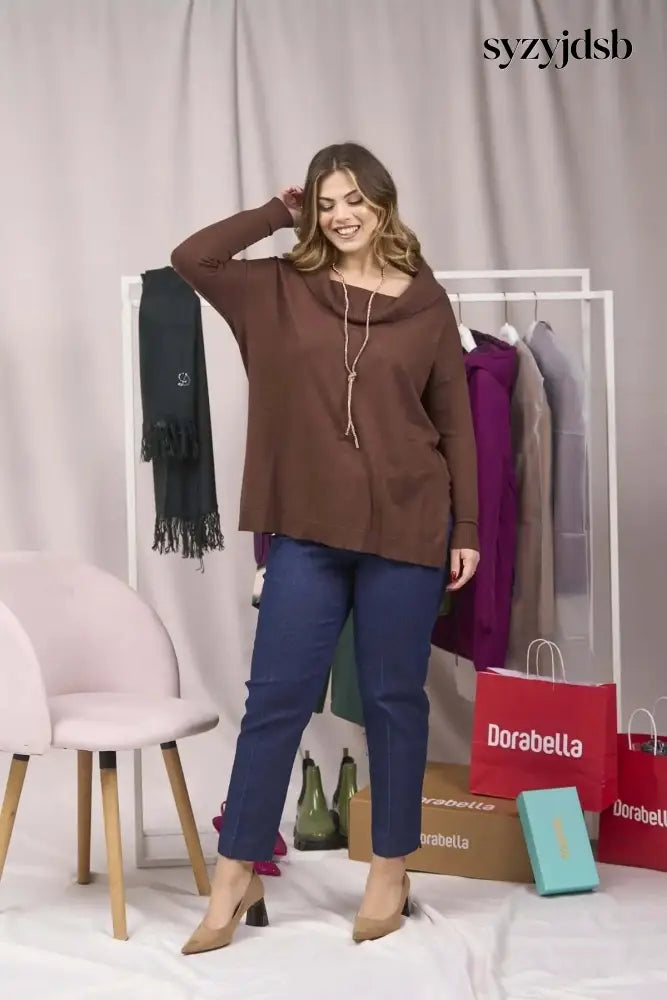 Maglia maxi con collo sciallato e spacchi CACAO - MAGLIA