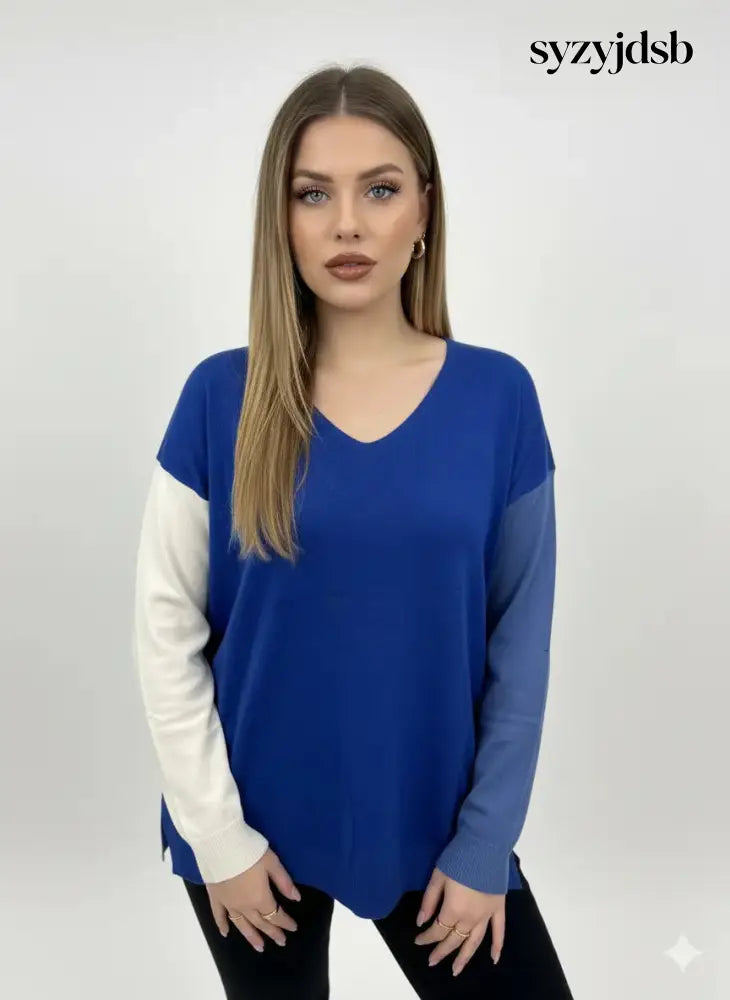 Maglia scollo a ’V’ a tre colori - Blu China / M (41) - MAGLIA