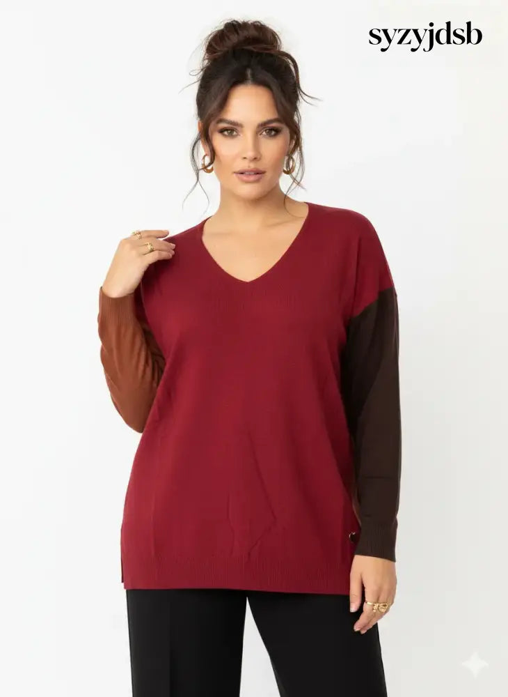 Maglia scollo a ’V’ a tre colori - Rosso scuro / M (41) - MAGLIA