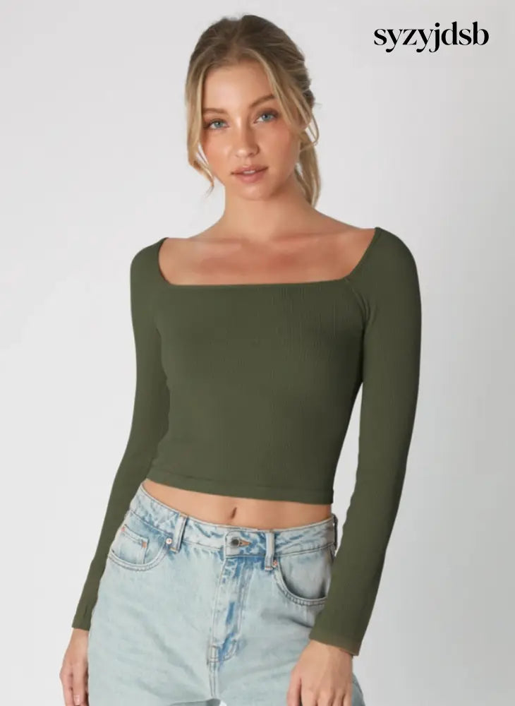 Ribbed Long Sleeve Square Neck Top - Top