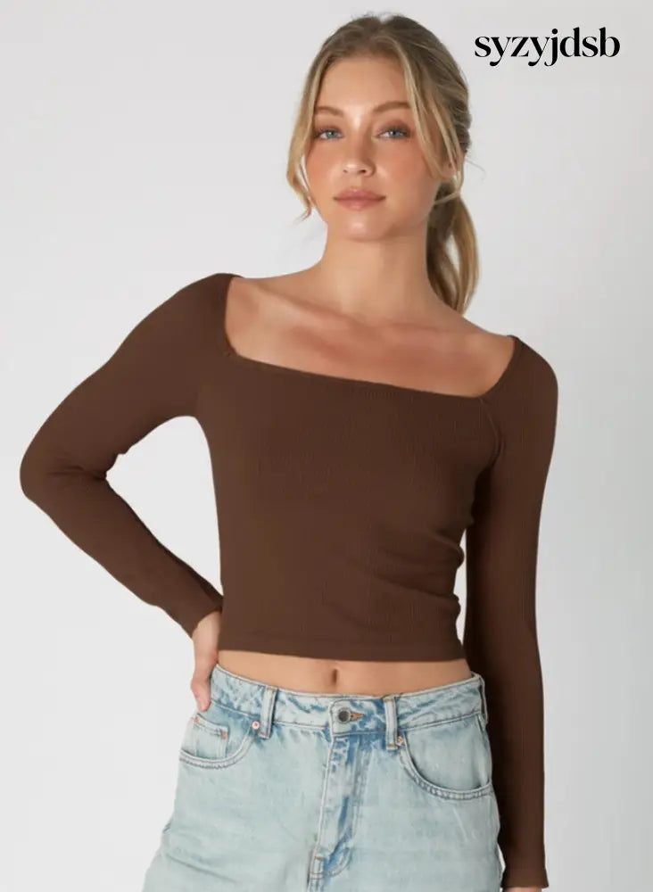 Ribbed Long Sleeve Square Neck Top - Top