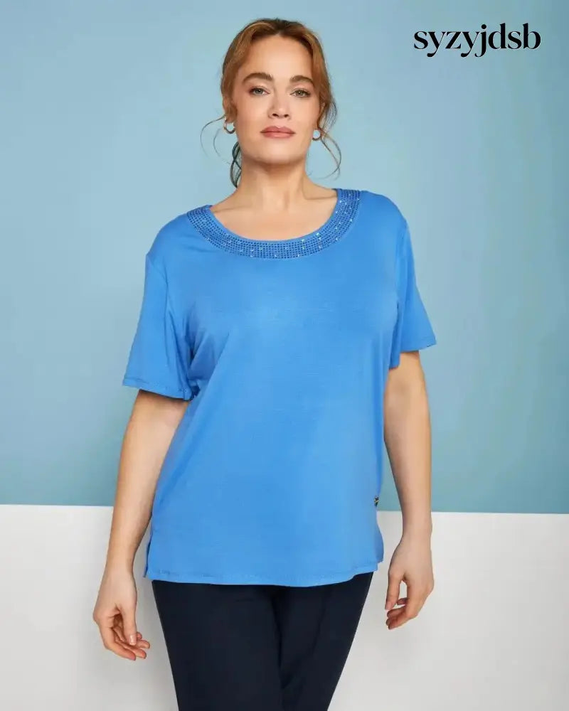 T-shirt in jersey di viscosa elasticizzata con applicazioni di strass LAVANDA - M - T-SHIRT