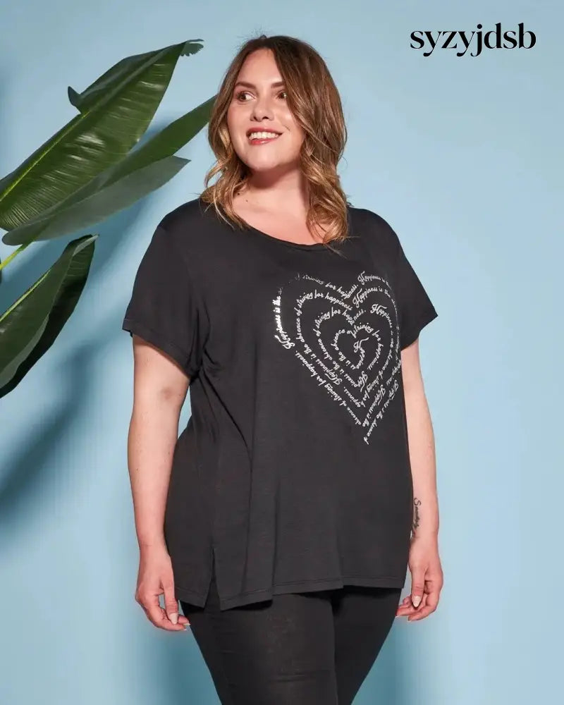 T-shirt in jersey di viscosa elasticizzata con stampa cuore NERO - T-SHIRT