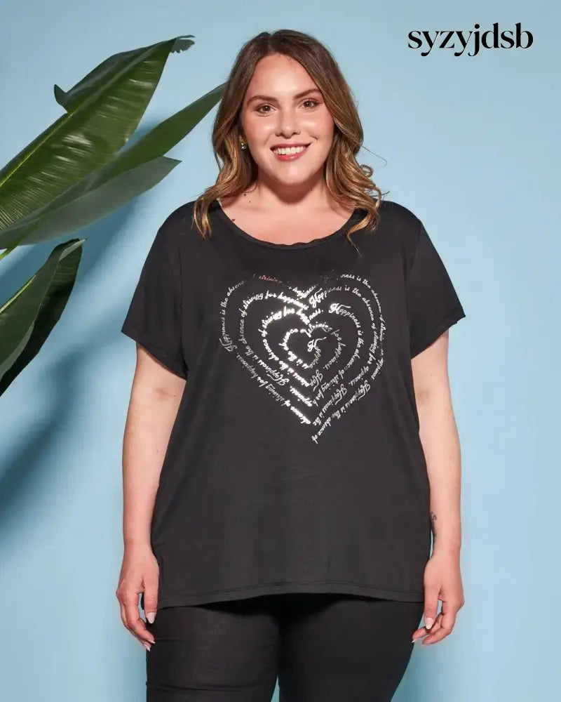 T-shirt in jersey di viscosa elasticizzata con stampa cuore NERO - T-SHIRT