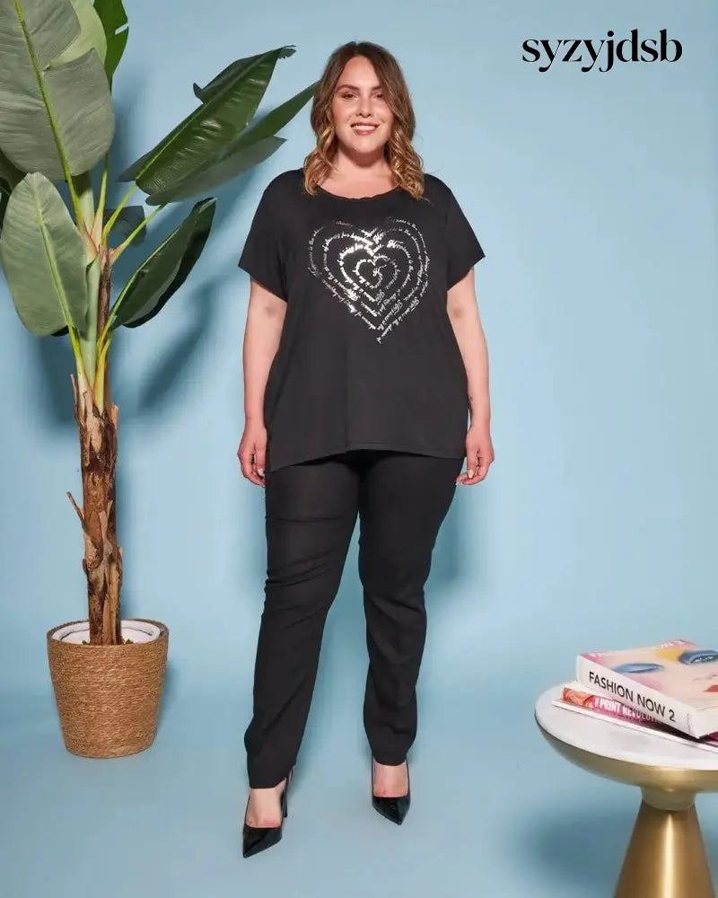 T-shirt in jersey di viscosa elasticizzata con stampa cuore NERO - T-SHIRT