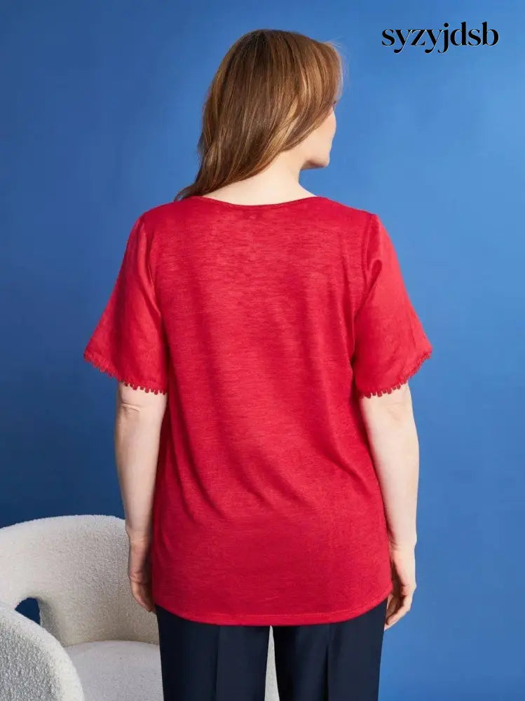 T-shirt in lino con retro in jersey melange e passamaneria applicata RED - T-SHIRT