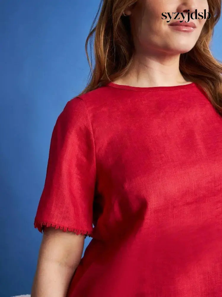 T-shirt in lino con retro in jersey melange e passamaneria applicata RED - T-SHIRT