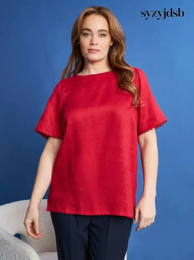 T-shirt in lino con retro in jersey melange e passamaneria applicata RED - M - T-SHIRT