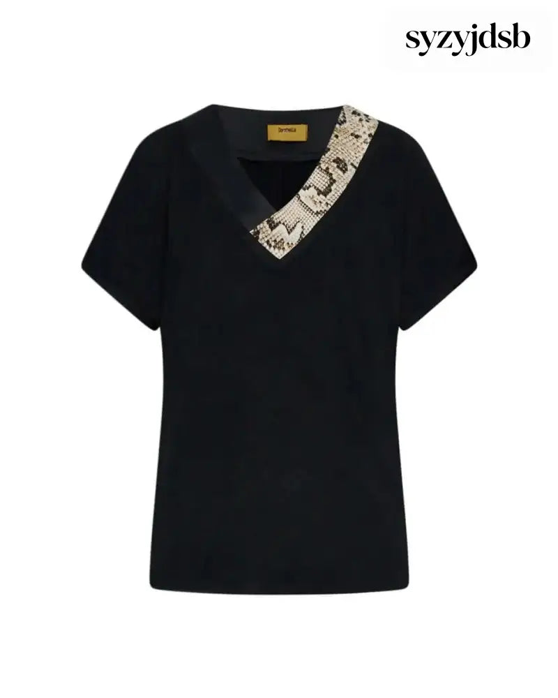 T-shirt kimono in jersey di viscosa elasticizzata con scollo a V con fantasia animalier BLACK - T-SHIRT