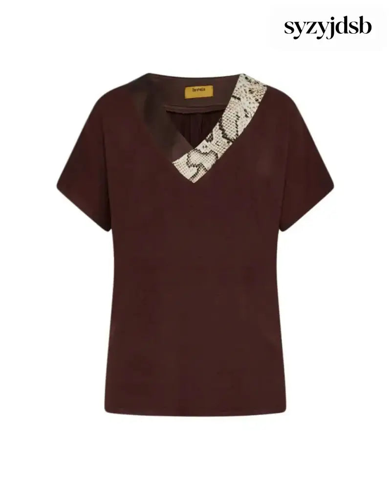 T-shirt kimono in jersey di viscosa elasticizzata con scollo a V con fantasia animalier CACAO - T-SHIRT