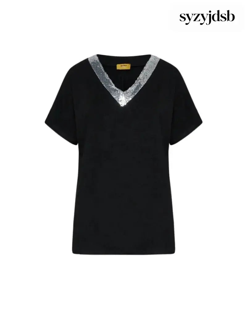 T-shirt kimono in jersey di viscosa elasticizzata con scollo a V con paillettes BLACK - T-SHIRT
