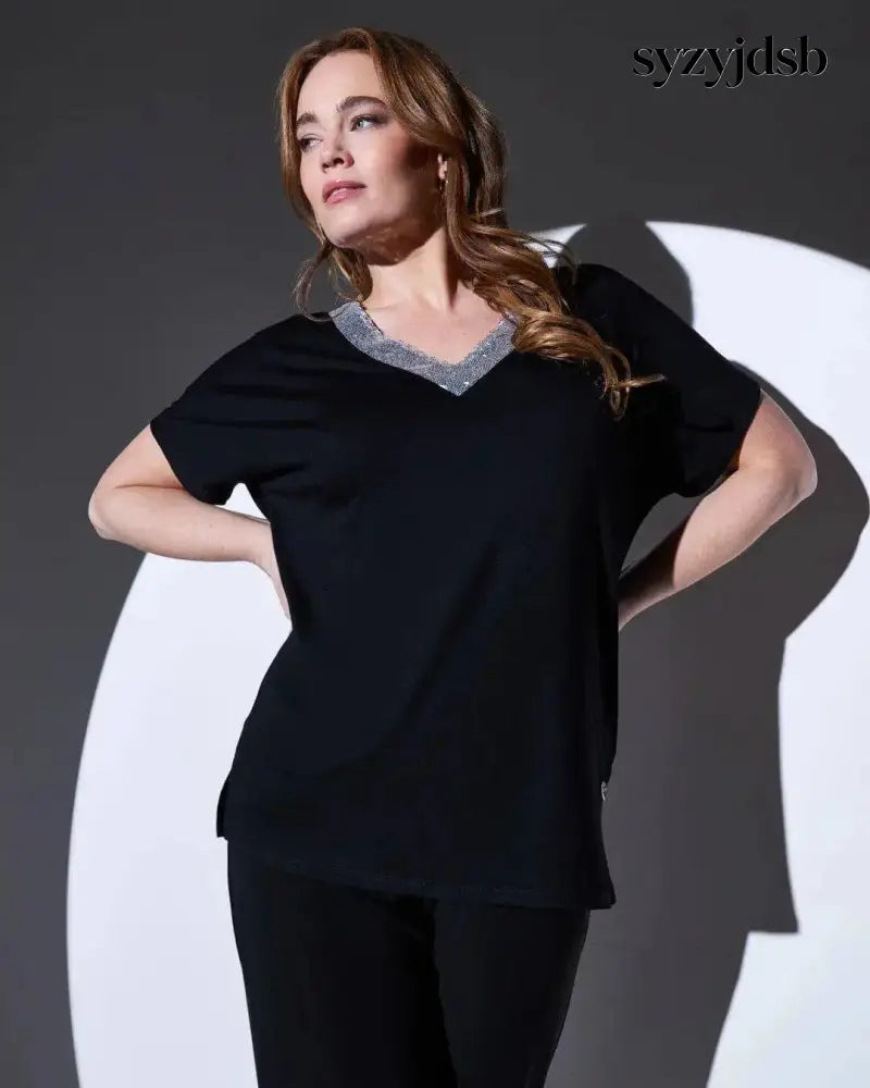 T-shirt kimono in jersey di viscosa elasticizzata con scollo a V con paillettes BLACK - M - T-SHIRT