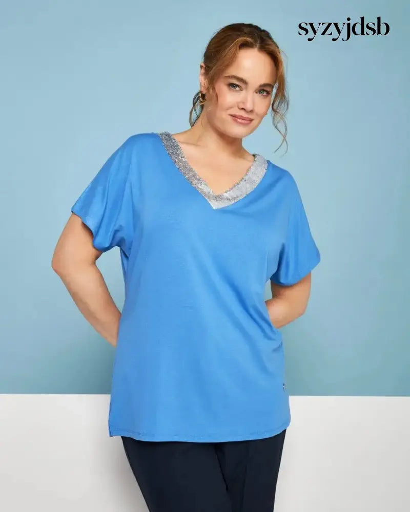 T-shirt kimono in jersey di viscosa elasticizzata con scollo a V con paillettes LAVANDA - T-SHIRT