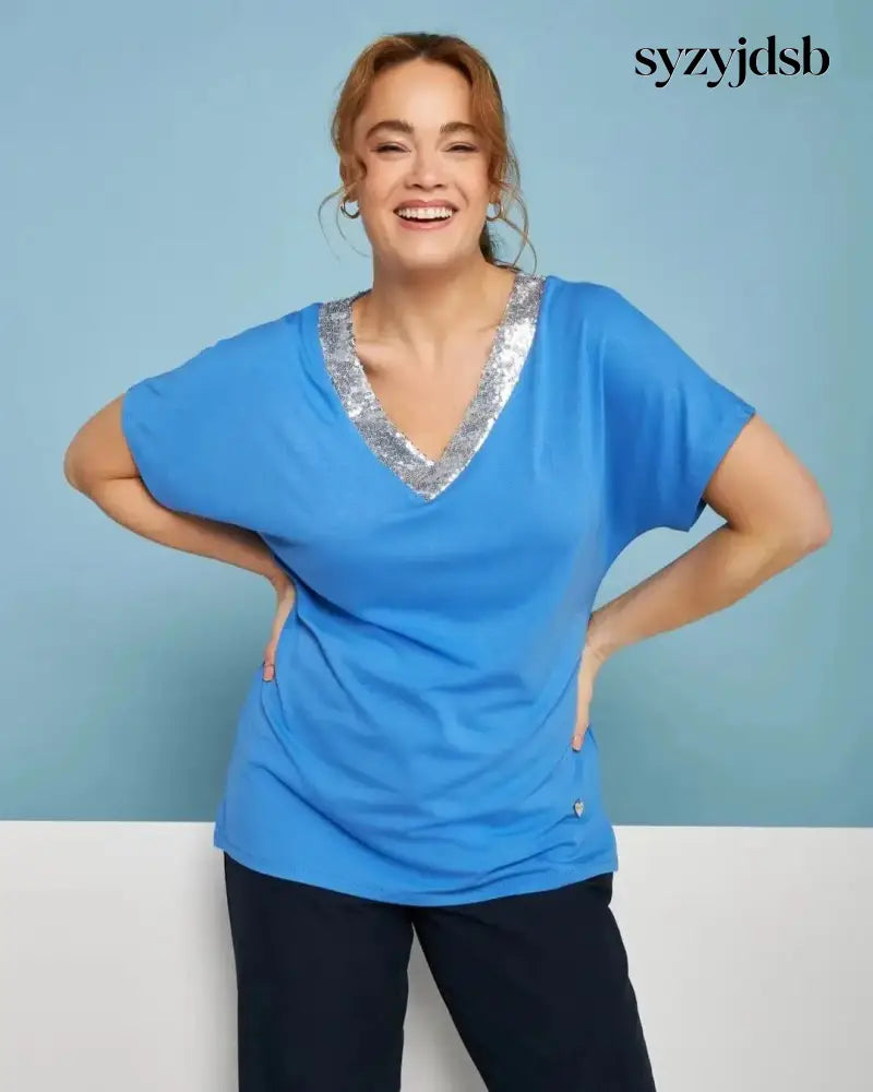 T-shirt kimono in jersey di viscosa elasticizzata con scollo a V con paillettes LAVANDA - M - T-SHIRT